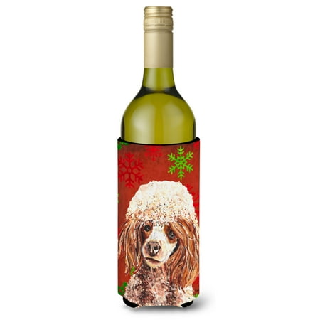 

Carolines Treasures SC9747LITERK Red Miniature Poodle Red Snowflakes Holiday Wine Bottle Hugger Wine Bottle multicolor