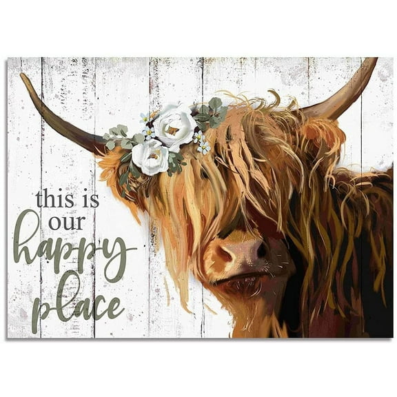 WFSposter Highland Cow Wall Art - This Is Our Happy Place Inspirational Canvas Poster for Home - Long Haired Scottish Cow with White Flower Picture Farmhouse Kitchen Decor Framed (10"x15")