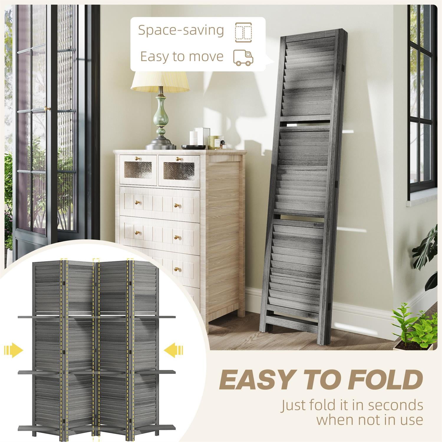 Demi Bonn 67" Tall Wood Privacy Screen Room Divider with 4 Panels, 3 Shelves, Folding Storage for Bedrooms, Gray