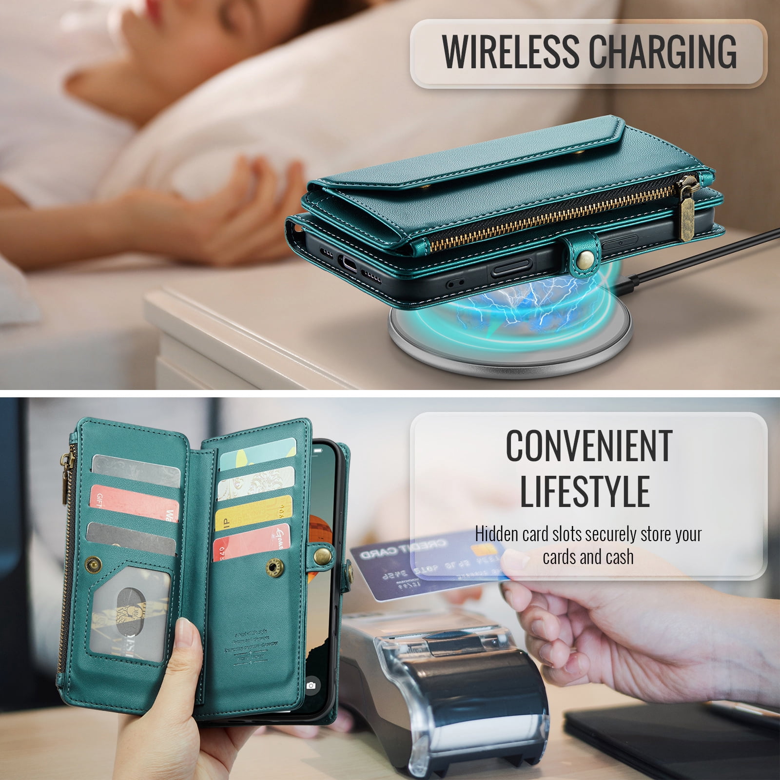 Asuwish Compatible with iPhone 17 Air 6.5 inch Zipper Wallet Phone Case Tempered Glass Screen Protector Crossbody Lanyard Strap Flip Card Holder Slot Cell Cover for i Phone17Air 17Case Women Green