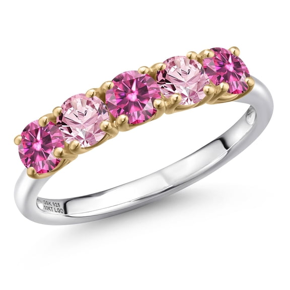 Gem Stone King 925 Silver and 10K Yellow Gold Pink Moissanite and Pink Lab Grown Diamond Wedding-Bands Ring for Women | 1.19 Cttw | Round 4MM | Gemstone Birthstone | Size 9