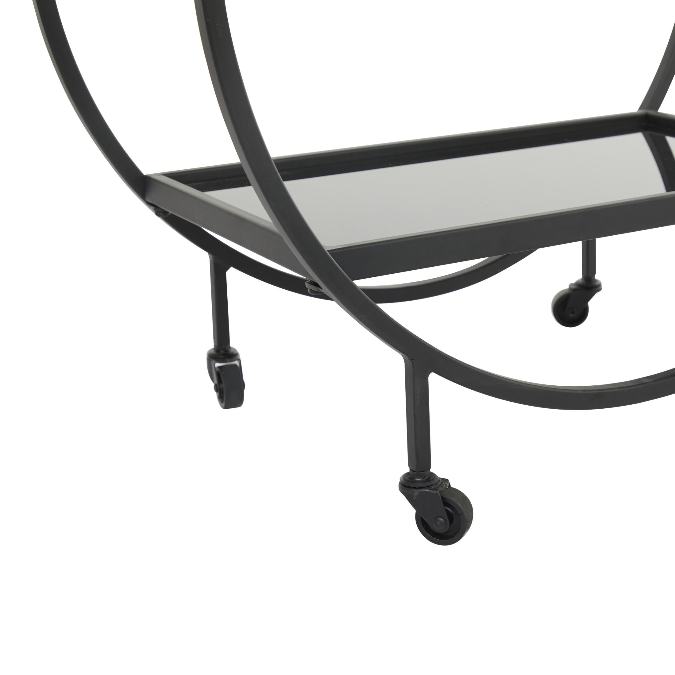 DecMode 28" x 31" Black Metal Rolling 2 Shelf Bar Cart with Wine Glass Storage and Handle, 1-Piece