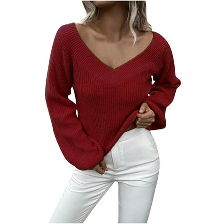 

White Sweaters For Women Solid Long Sleeved Sweater Coat Womans Trendy V-neck Loose Sweater V-neck Pullover SHirt Wine X-Large