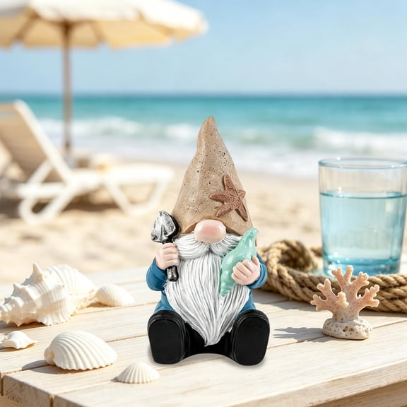 Kuokaa Coastal Beach Gnome Figurine, 5Inch Resin Faceless Gnome Statue Holding a Starfish with Seashell Accent Hat for Summer Tabletop, Shelf, Bathroom and Nautical Home Decor (Pink)