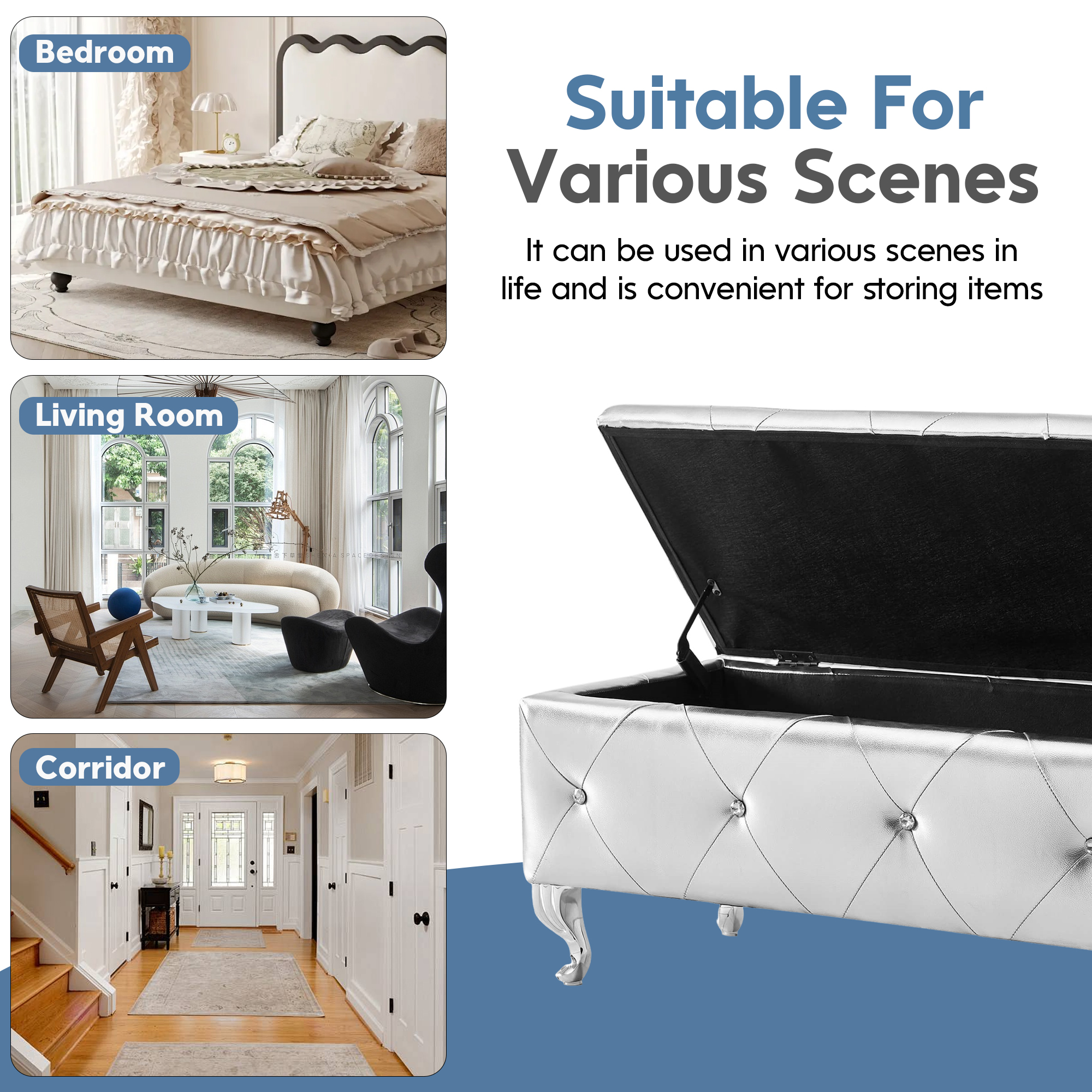 Aukfa Storage Ottoman Bench with Crystal Buttons for Bedroom,Silver