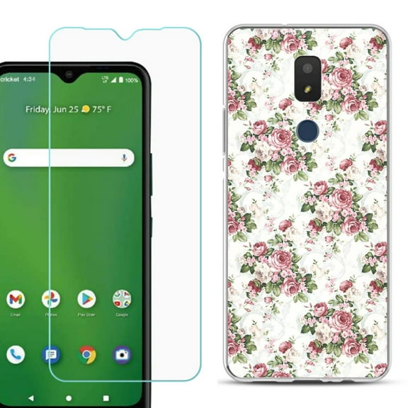 Slim-Fit TPU Fashion Phone Case for Cricket Icon 3, with Tempered Glass Screen Protector, by OneToughShield ® - Floral/Rose