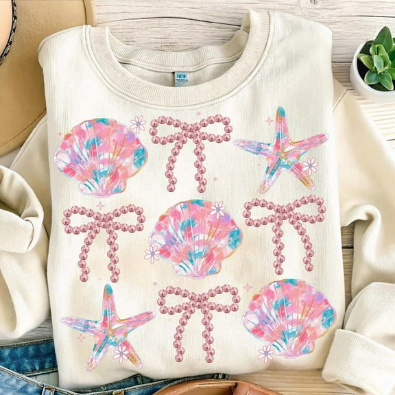 Summer Clam Coquette Sweatshirt, Summer Vibes Pink Clam Sweatshirt, Retro Summer Beach Sweatshirt, Summer Clam Bow Sweatshirt