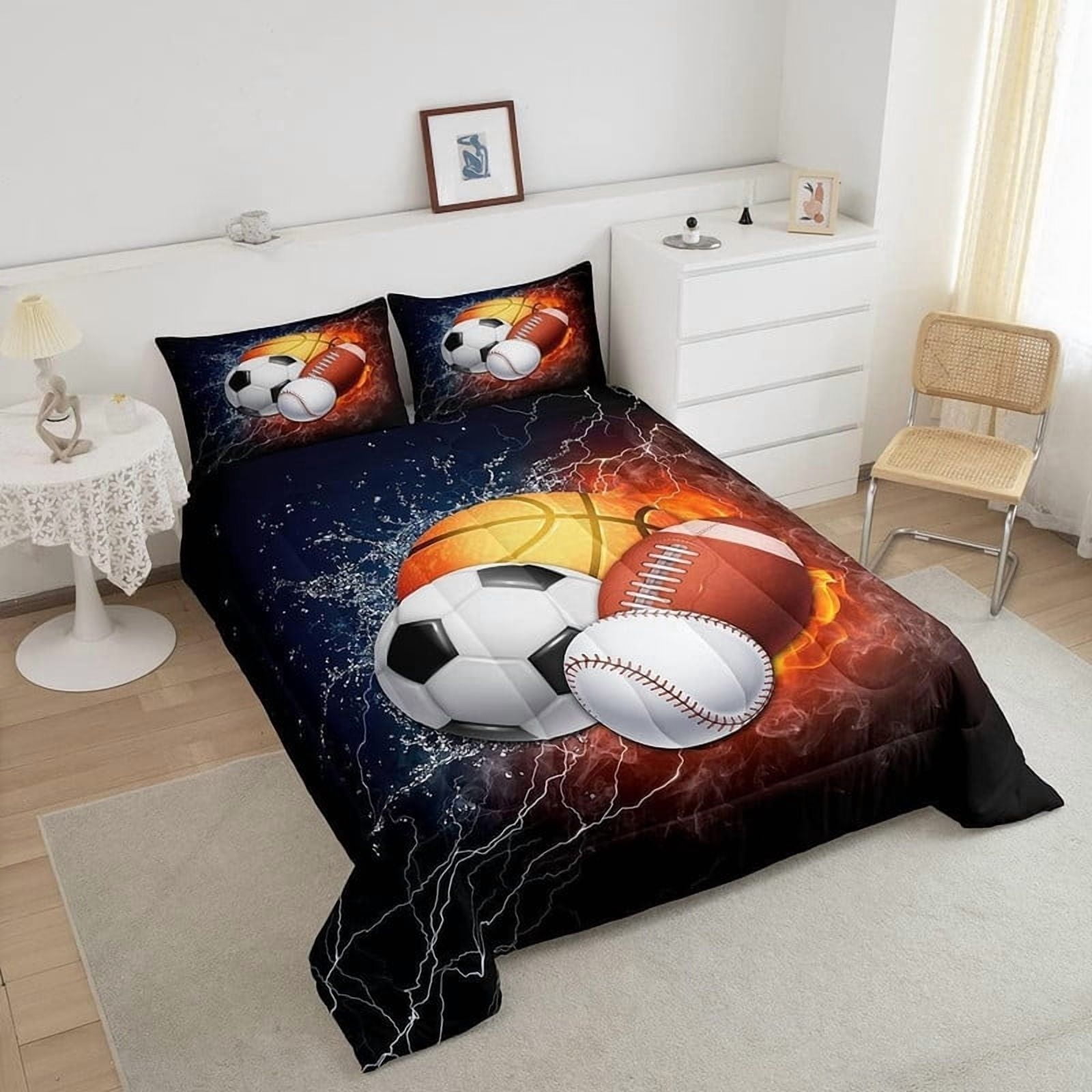 Basketball & Football Bedding Set for Boys Teens - 3 Piece Twin Comforter Cover with 2 Pillowcases, Sporty Duvet Cover for Kids, Boys Room Decor
