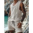 thumbnail image 4 of Men Crochet 2 Piece Outfits Mesh Sheer Tank and Shorts Summer Fishnet Shorts Set for Beach Casual Milky White M, 4 of 7