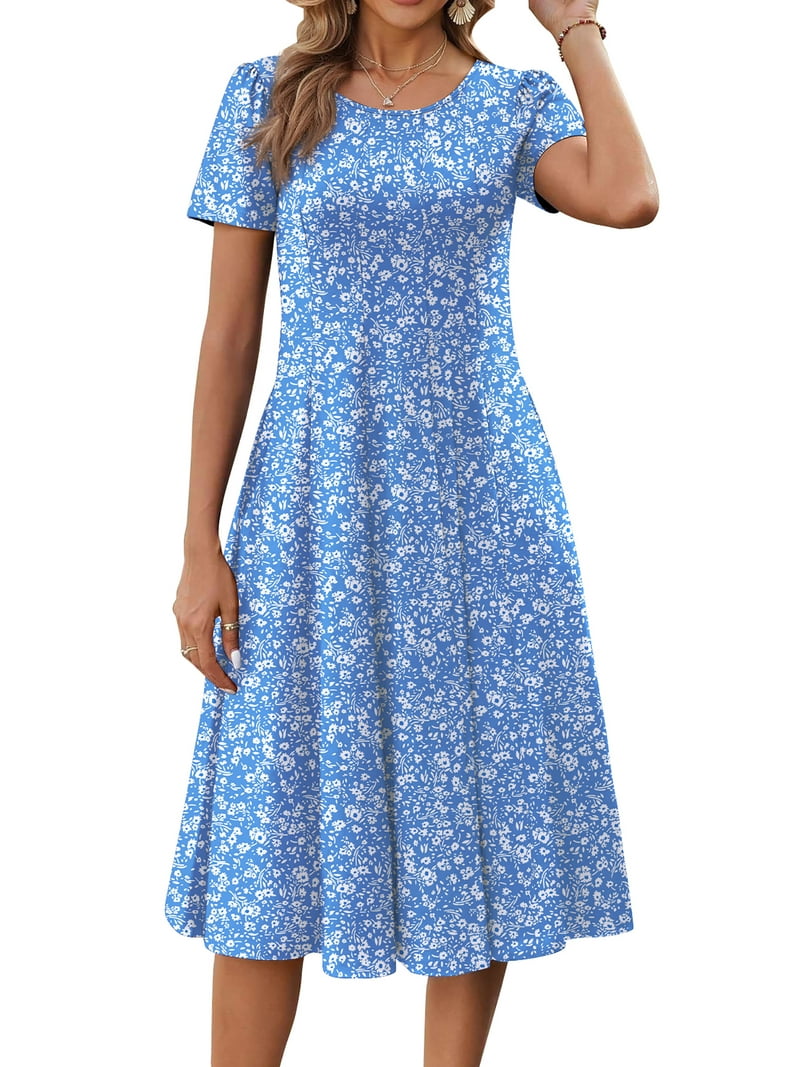 Fantaslook Summer Dresses for Women Casual Short Sleeve Pleated Dress Flowy Floral Dress with Pockets Flare Midi Sundress