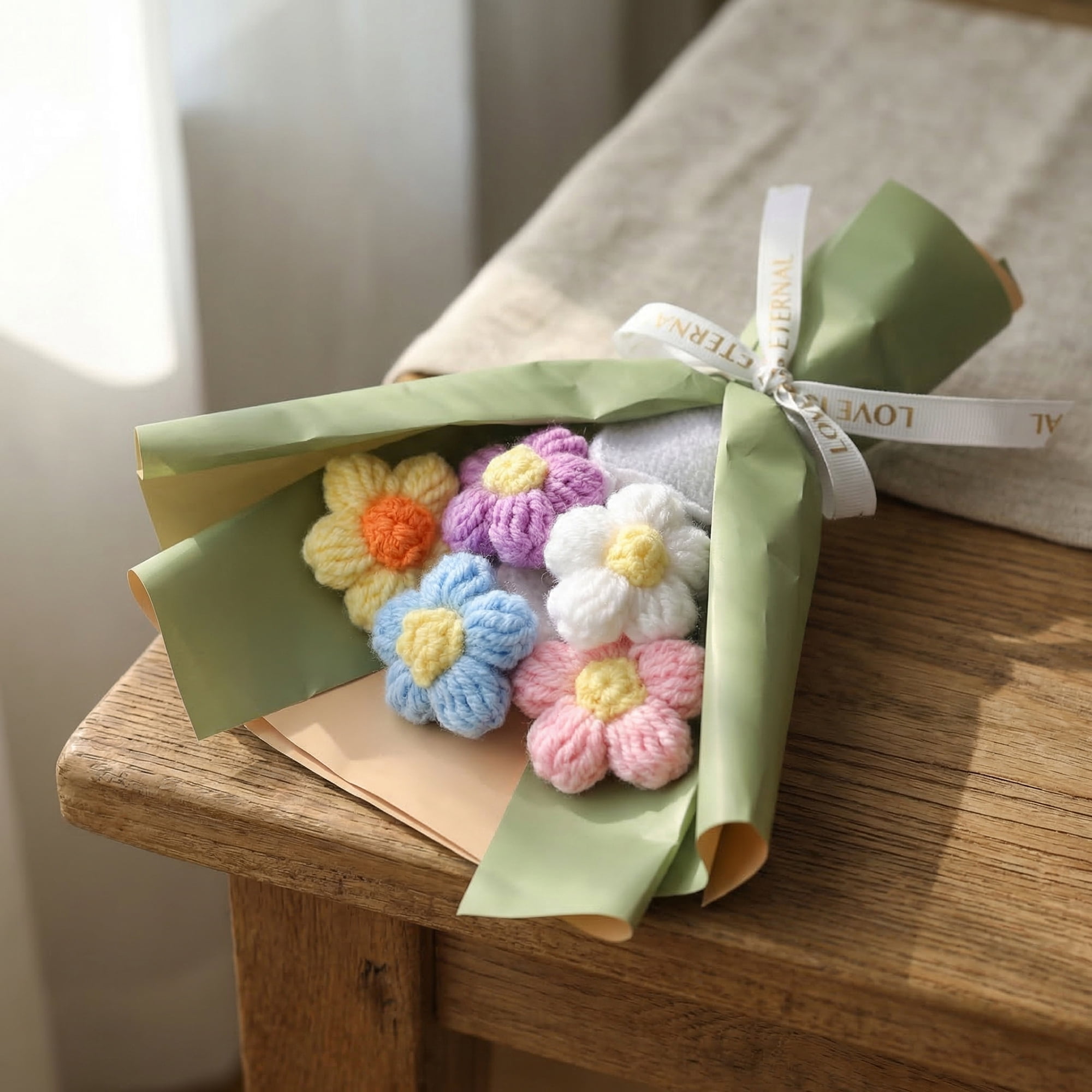 Unique Bargains 4Pcs Handmade Crochet Eternal Knitted Flowers Bouquet Green 7.1in