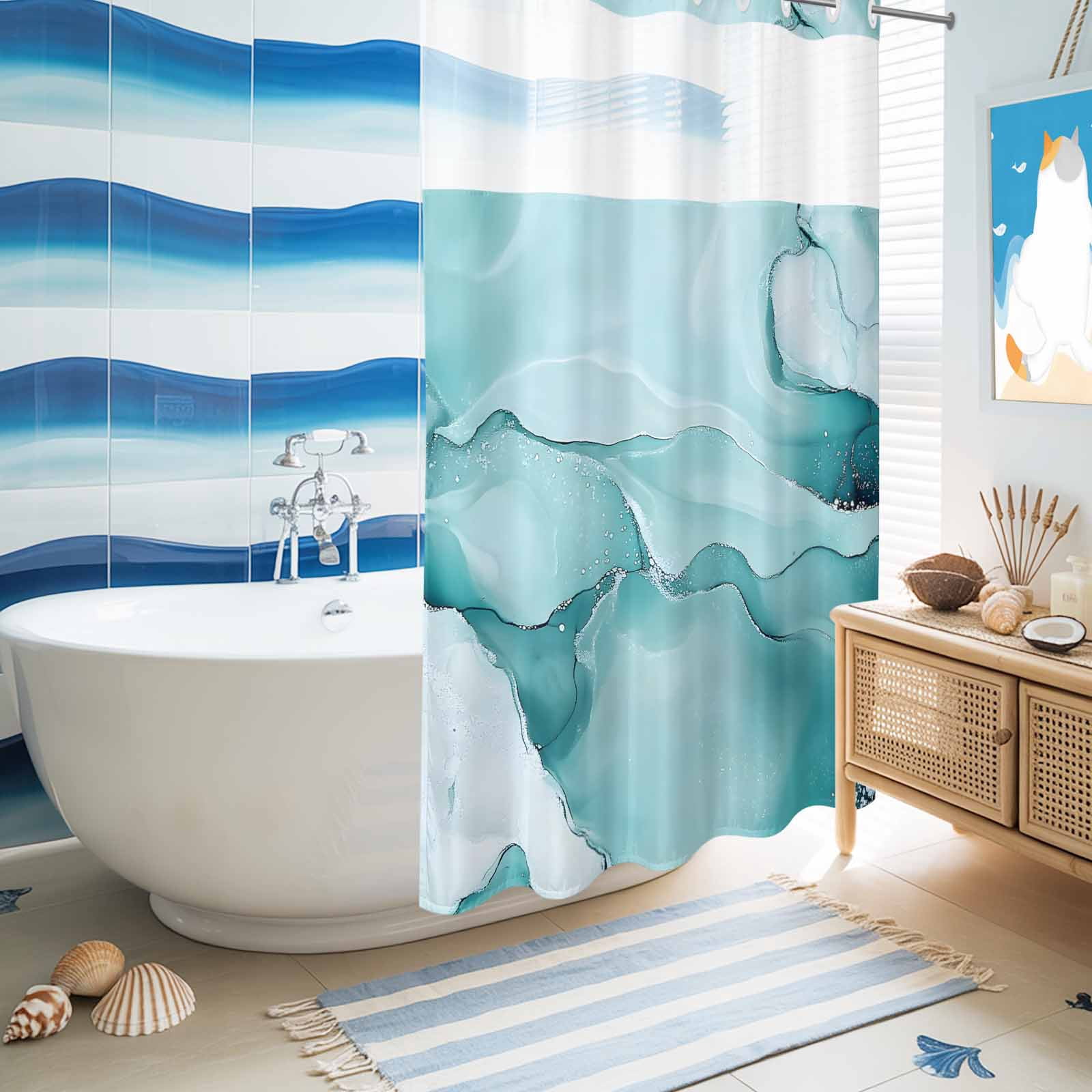 No Hook Shower Curtain,Turquoise Marble Waterproof Shower Curtains for Bathroom,Modern Abstract Art Texture Watercolor Bathroom Curtain with Mesh Top Window for Home Hotel Bathtub,Small Stall 36"x72"
