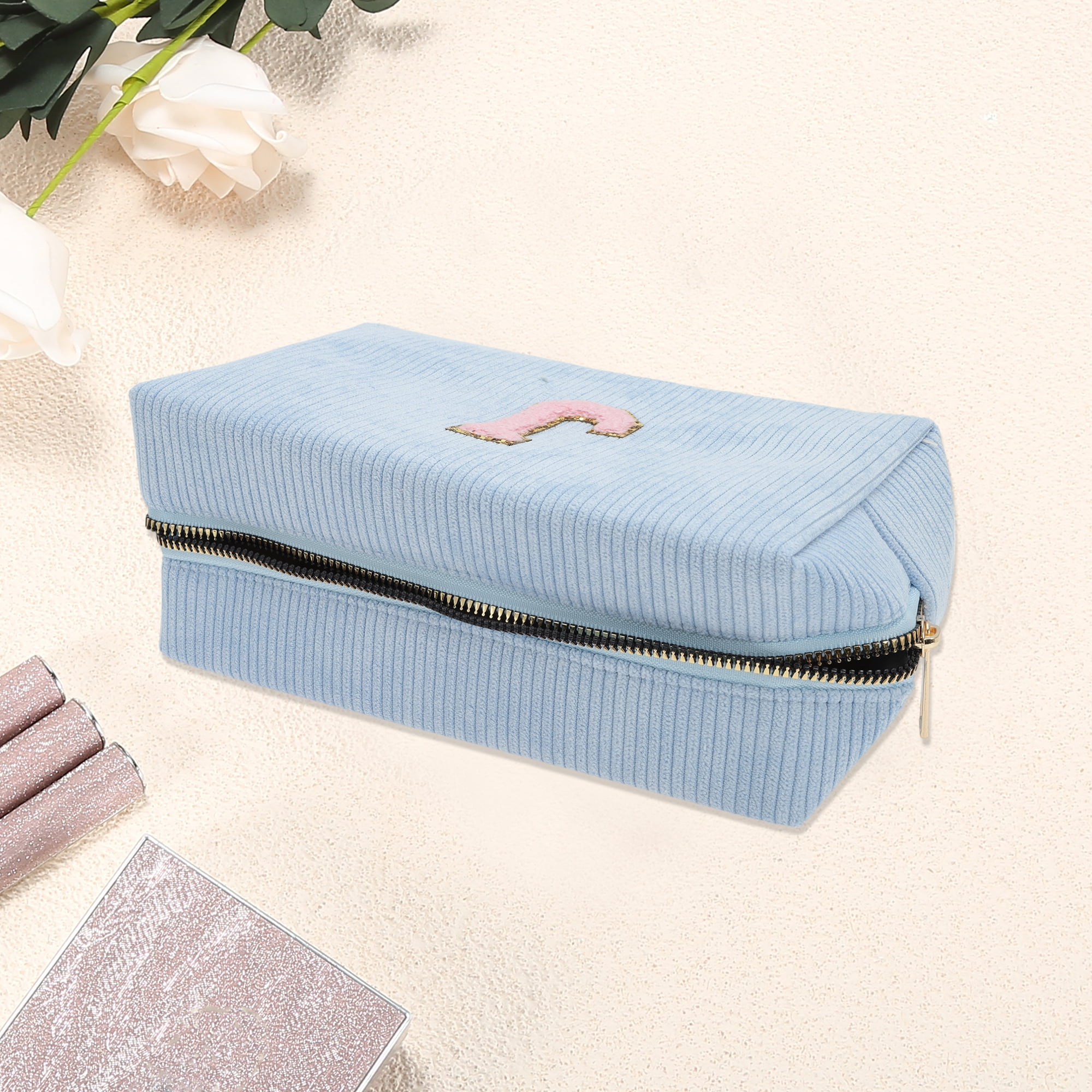 Unique Bargains 1 Pc Corduroy Rectangular Letter Makeup Bag Sky Blue [Letter J]