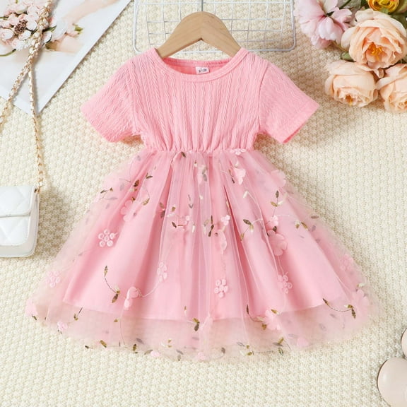 Spazoro Toddler Girls Mesh Dresses, Short Sleeve Round Neck Solid Color New Style Princess Dress for Child Girls Pink Size 6 Months