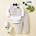 thumbnail image 2 of Povozer Baby Boys Dressy Outfit Sets Baby Boy Clothes Toddler Boy Outfits 4pcs Gentleman Dress Romper/Vest/Pants/Bow Tie Cotton Suit Sets 59 66 73 80 90 100 for 3-6 Months,Beige, 2 of 7