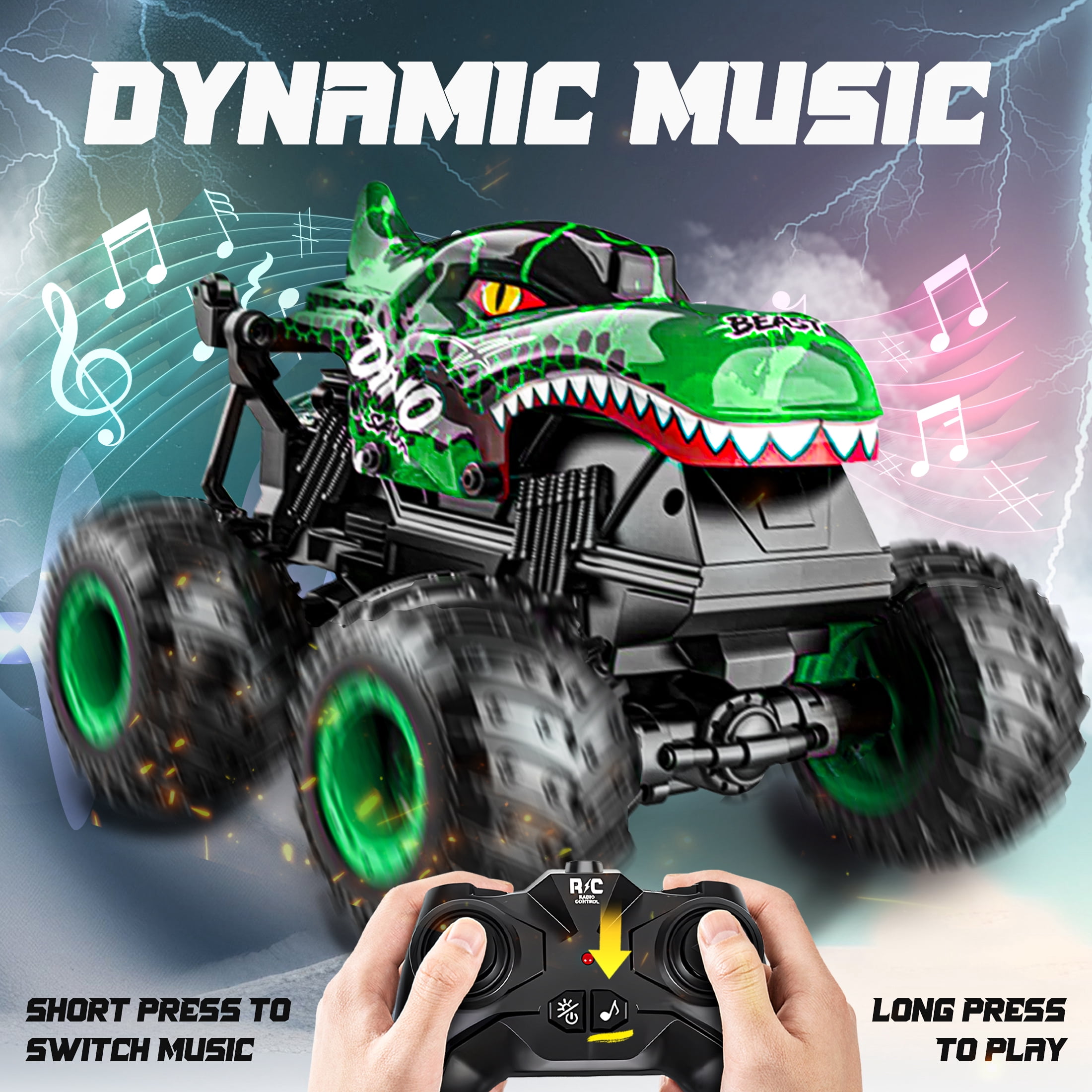 YCFUN RC Monster Truck Toy with 360° Spins, Music and LED Car Shell & Wheels, Dinosaur Toy RC Car for Kids Boys Ages 3+ (Green)