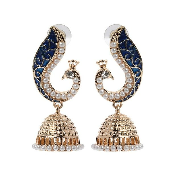 Pendientes retro indios de Bollywood, pendientes étnicos Kundan de pavo real Jhumka Jhumki
