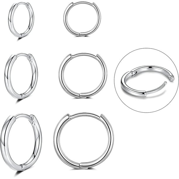 3 pares de aretes de aro pequeños para cartílago para mujeres y hombres, aretes Huggie de plata de ley hipoalergénicos, plata de 8/10/12 mm-8/10/12 mm -