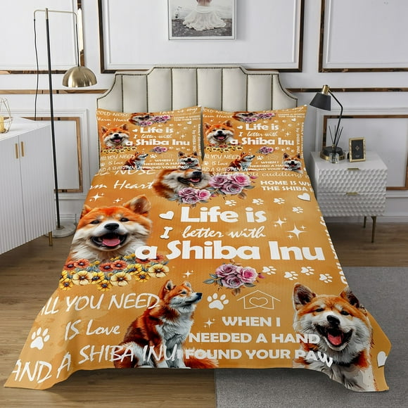 Erosebridal 3D Corgi Bedspread Sets Queen Size, Inspirational Words Bed Quilt, Cute Pet Animal Bedroom Decor 3pcs