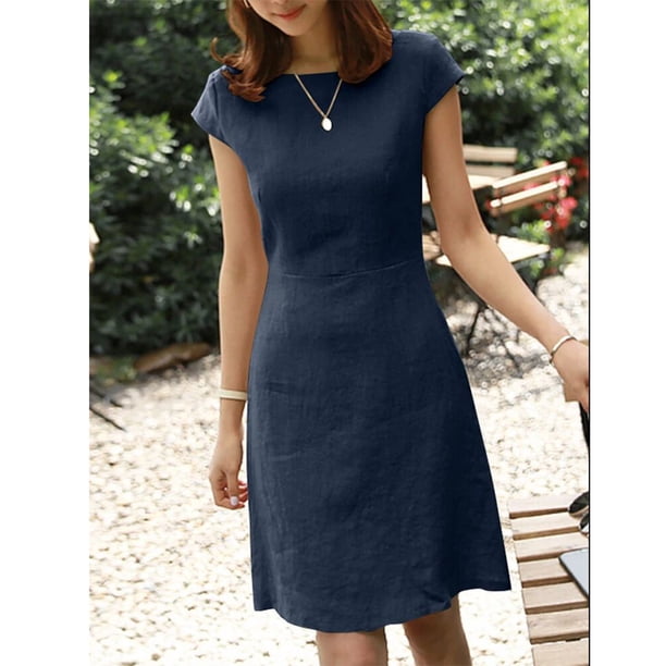 Puntoco Vestido De Algodón Y Lino Con Cuello Redondo, Color Liso, Manga Corta, Escote En V Grande, Espalda Hueca, Azul Marino Xxl,Regalos Para Mujer Joven