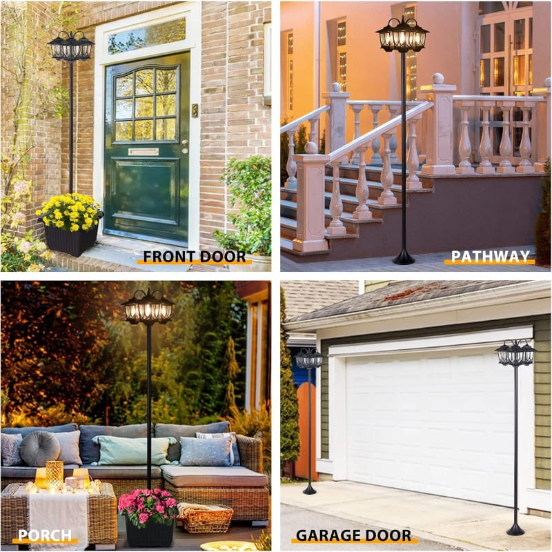 Hoodink 73" Solar Lamp Post with Planter, 3-Head Outdoor Waterproof LED, 3000K Warm White Garden Pathway Lighting