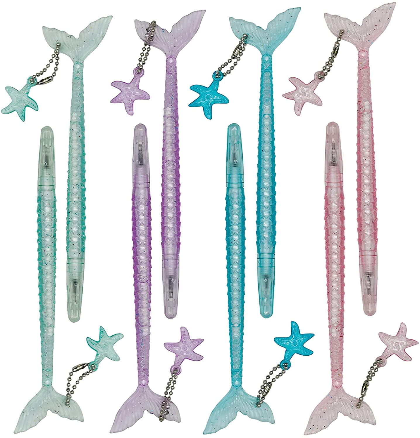 12PCS Cute Mermaid Shape Rollerball Pen Fish Pens Creative Crystal Flash Powder Starfish Pendant Signature Pen Black Gel Ink Design for Girls Women Student Valentine's Day