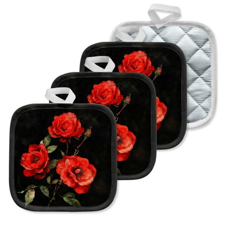 

4 Pack Pot Holders Kitchen Essential Potholder Set Watercolor Painting Of Three Red Roses