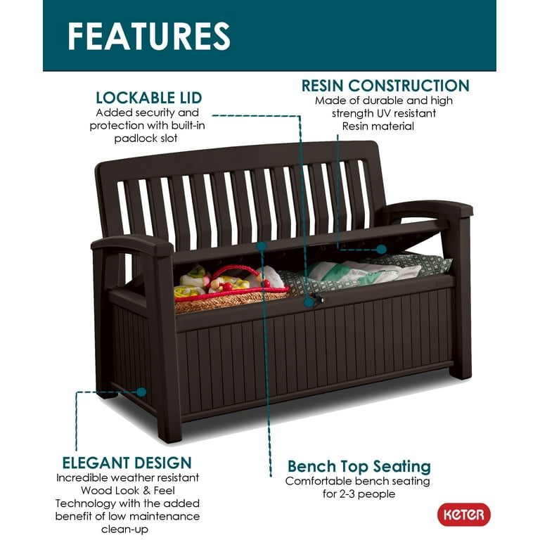 Keter 60 Gallon Bench Made With Durable Weatherproof Resin And Deck Box Organization Storage Compartment for Outdoor Patio and Lawn Brown