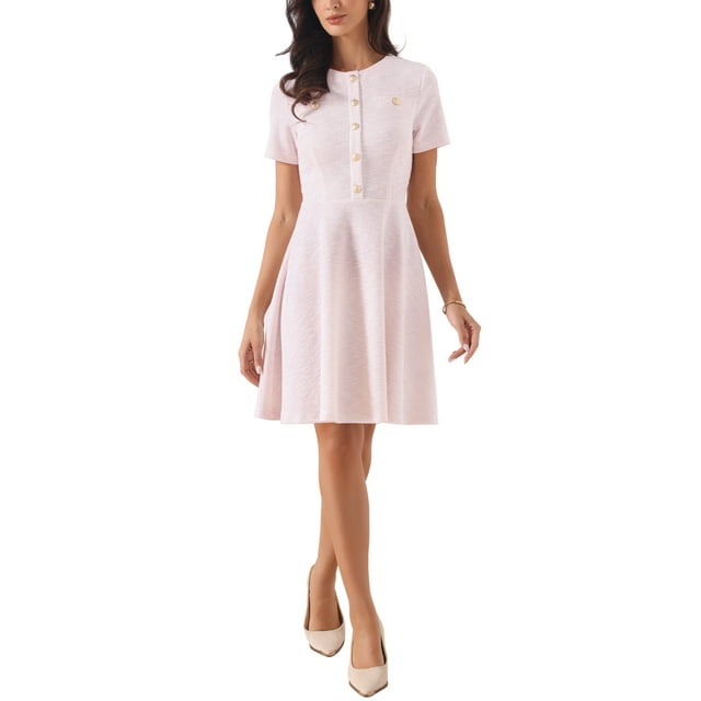 VESTIDO INSPIRADO CHIC Vestido de Tweed a Cuadros para Mujer con Cuello Redondo, Manga Corta, Corte A, Vestidos Vintage Mini M Rosa