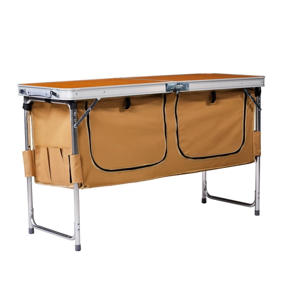 HiiKaa 4ft Folding Camping Table with Storage Compartment,Aluminum Lightweight Camp Kitchen Table Height Adjustable Indoor/Outdoor Table Perfect for Tailgating,Backyards,BBQ,Picnic,Brown