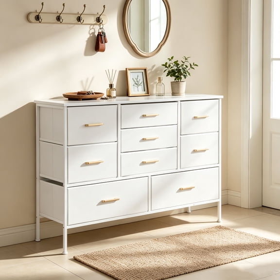 Premium 9-Drawer Fabric Dresser Storage Tower with a heavy-duty steel frame, Chest of Drawers with Fabric Bins, Tall Dresser for Bedroom ,Living room ,Hallway,Office (White)