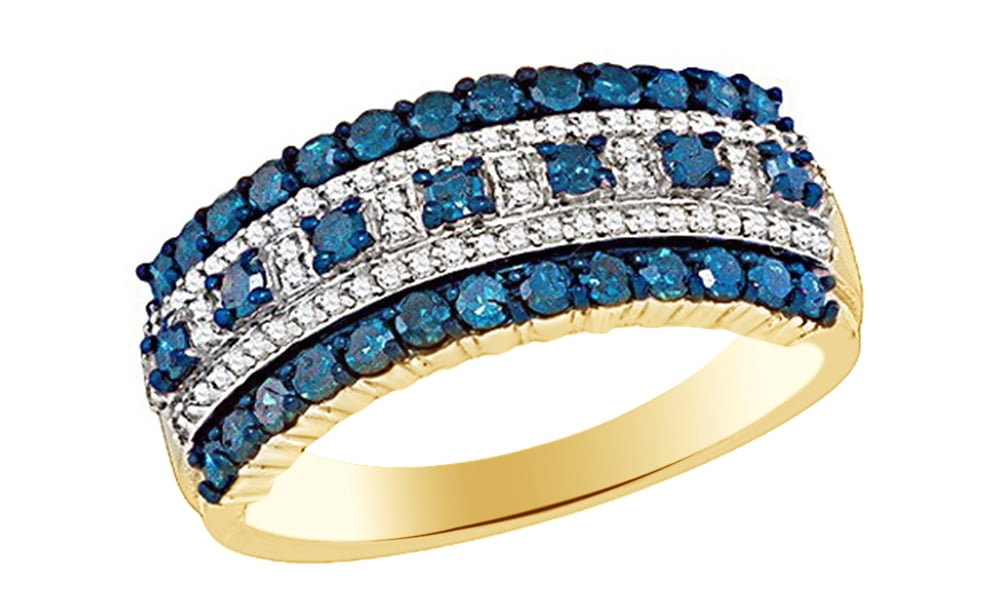 Blue & White Natural Diamond Fashion Band Ring In 10k Yellow Gold (1