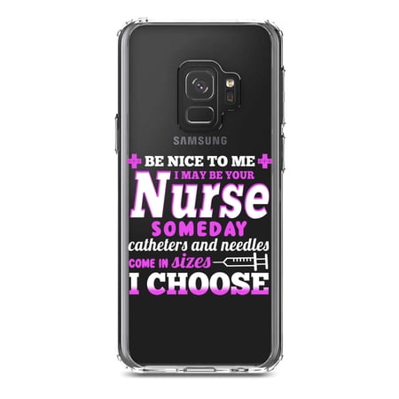 DistinctInk Clear Shockproof Hybrid Case for Samsung Galaxy S9 (5.8" Screen) - TPU Bumper Acrylic Back Tempered Glass Screen Protector - Be Nice I May Be Your Nurse Choose Needles