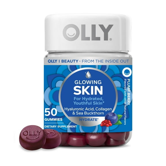 OLLY Glowing Skin Gummies, Hyaluronic Acid, Collagen Peptides, Sea Buckthorn, Plump Berry Flavor, 50 Ct