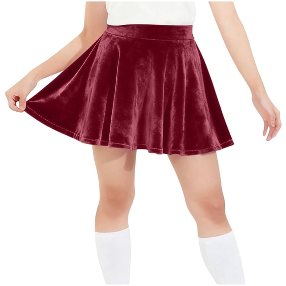 CYRBOKO Short Skirts for Girls, Velvet Party Holiday Elastic Waist Pleated Skirts Wine Size 5-15 T