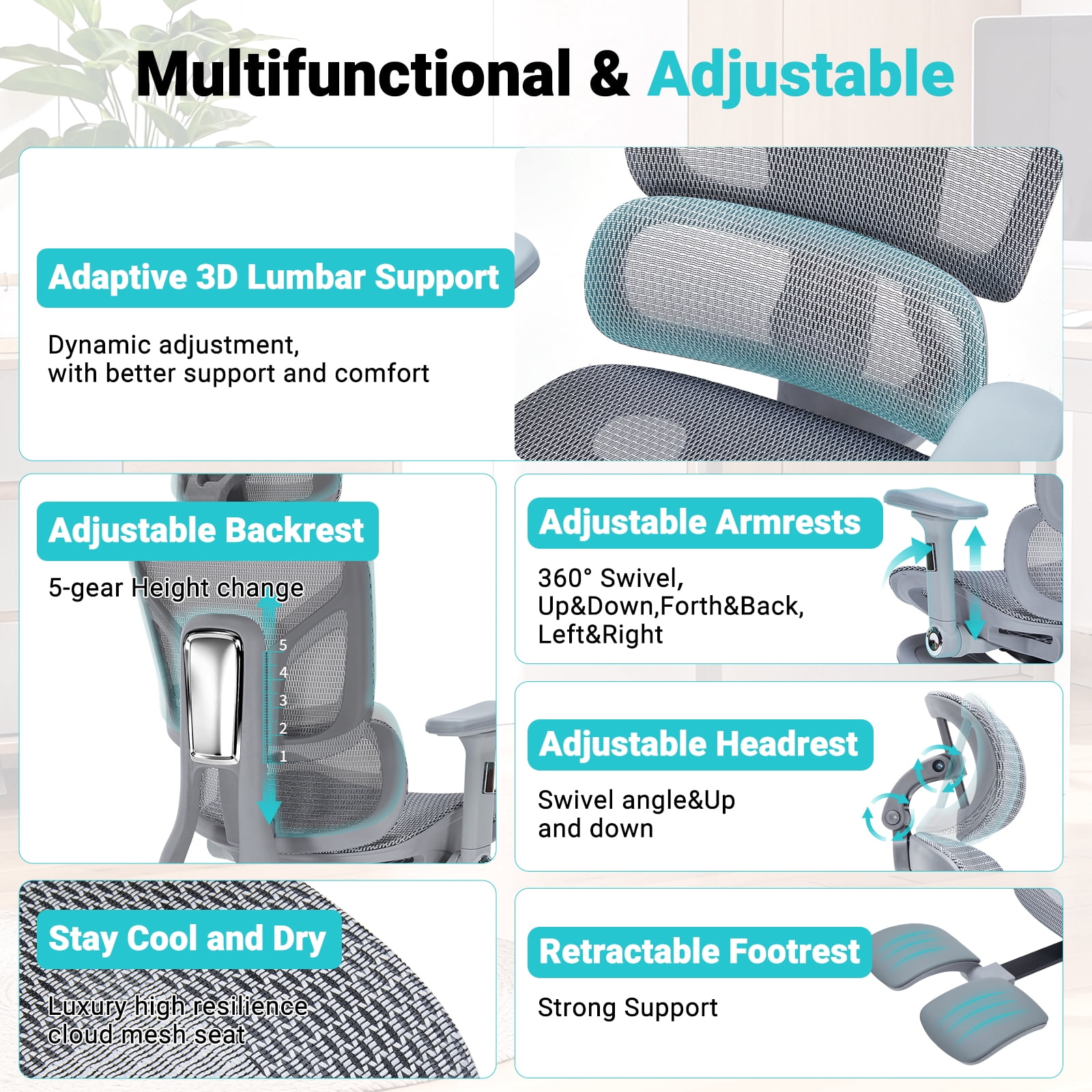 400lbs Ergonomic Office chair with Footrest, High-Back Mesh Desk chair with Adjustable Lumbar Support & Headrest & Armrest, Comfy Computer Gaming chair with Heavy Duty Base for Work, Home & Gaming