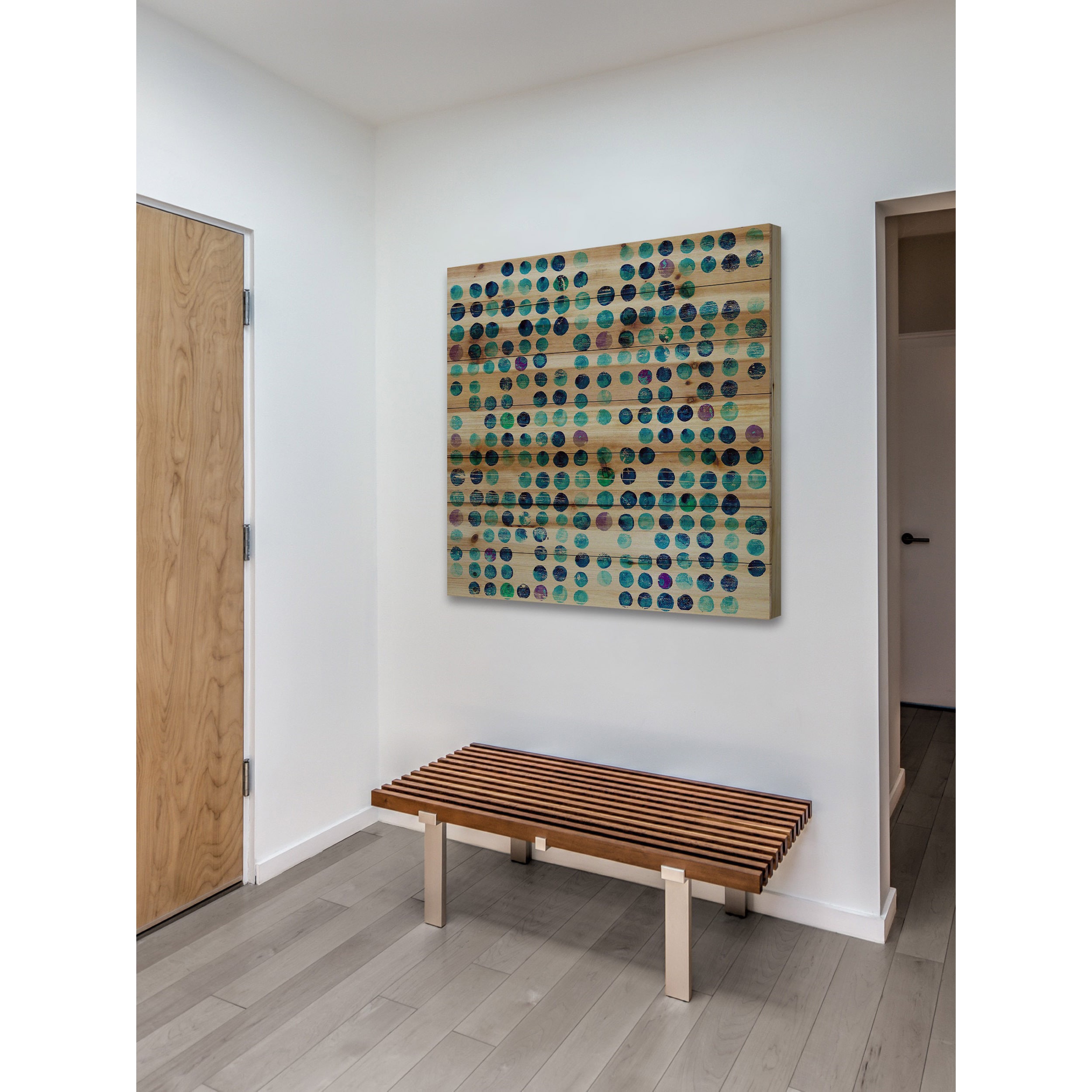 "Multi Blue Dots" Painting Print on Natural Pine Wood