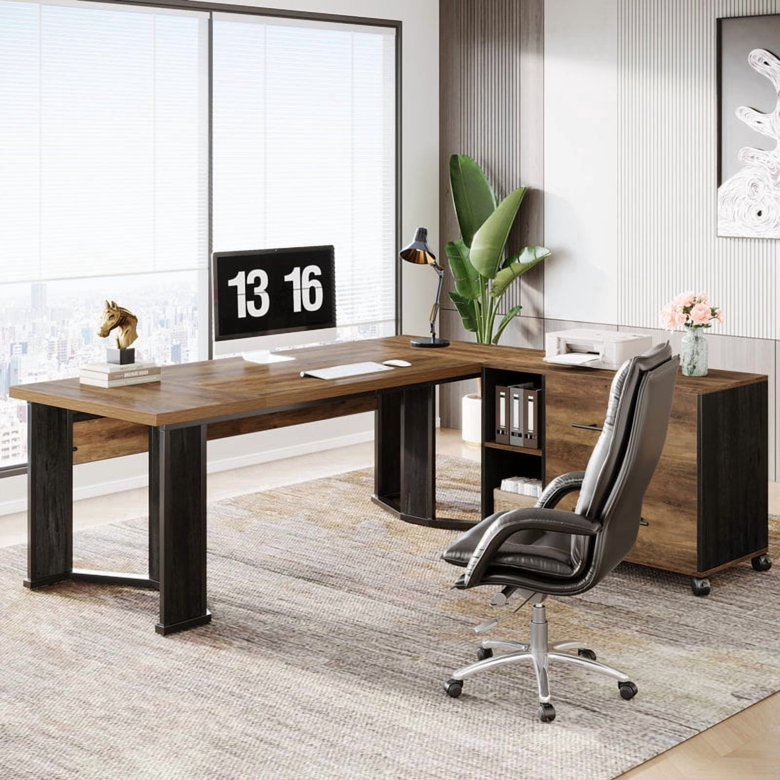 Tribesigns 70.86" L Shaped Executive Desk with Mobile File Cabinet, 2 Drawers and Storage Shelves for Home Office, Brown