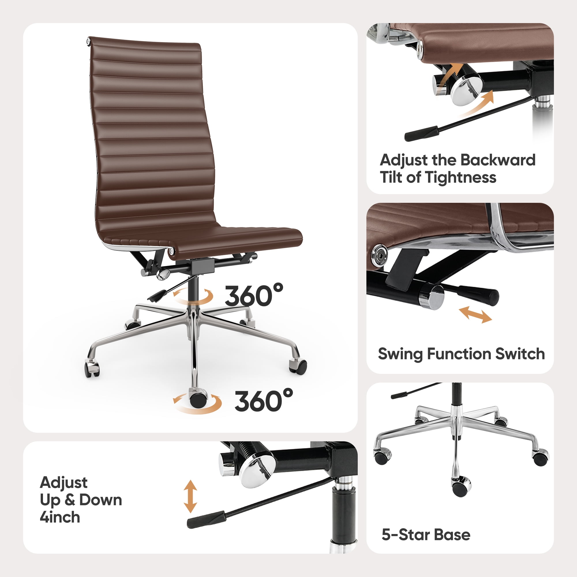Cottinch Ribbed Office Chair High Back Armless Genuine Leather Ergonomic Desk Chair, Adjustable Height Executive Conference Task Chair Swivel Chair for Home Office, Brown
