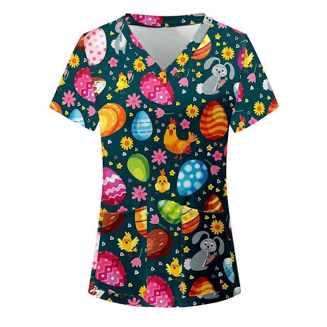 Easter Scrub Tops Women Bunny Egg Hunt Print Medical Scrub Tops