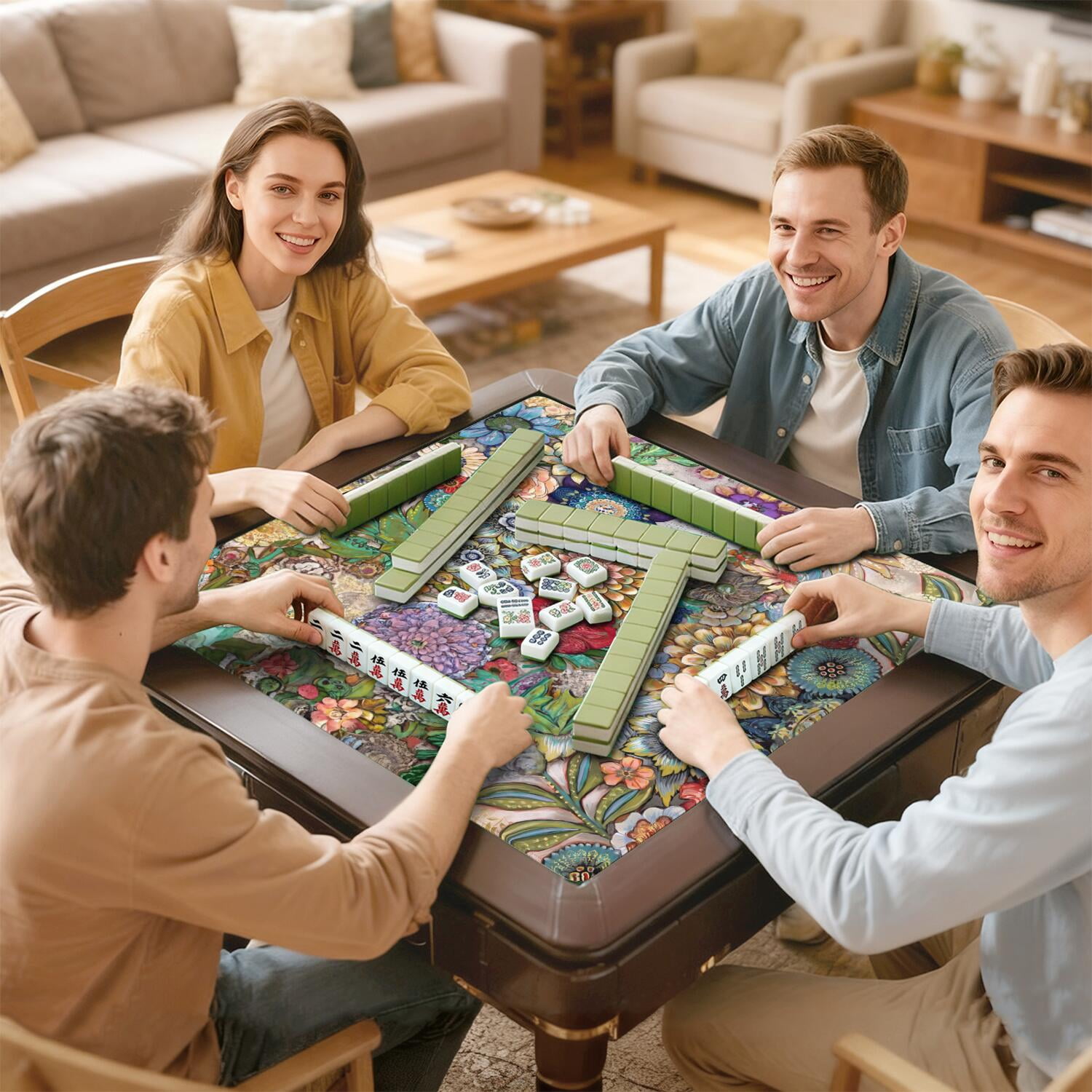 Classic Boho Pattern Extra Large Non-Slip Mahjong Mat 31.5 Inch Square Rubber Playing Pad with Quiet Design for Tiles Card Games and Board Game Nights