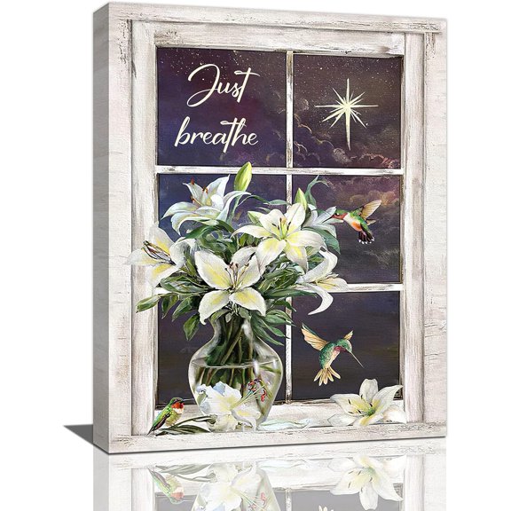 Farmhouse Lily Flower Bathroom Decor Wall Art Just Breathe Rustic Hummingbird Floral Night Pictures Wall Decor Canvas Painting Prints Artwork Home Decorations Framed for Bedroom Living Room 12"x16"