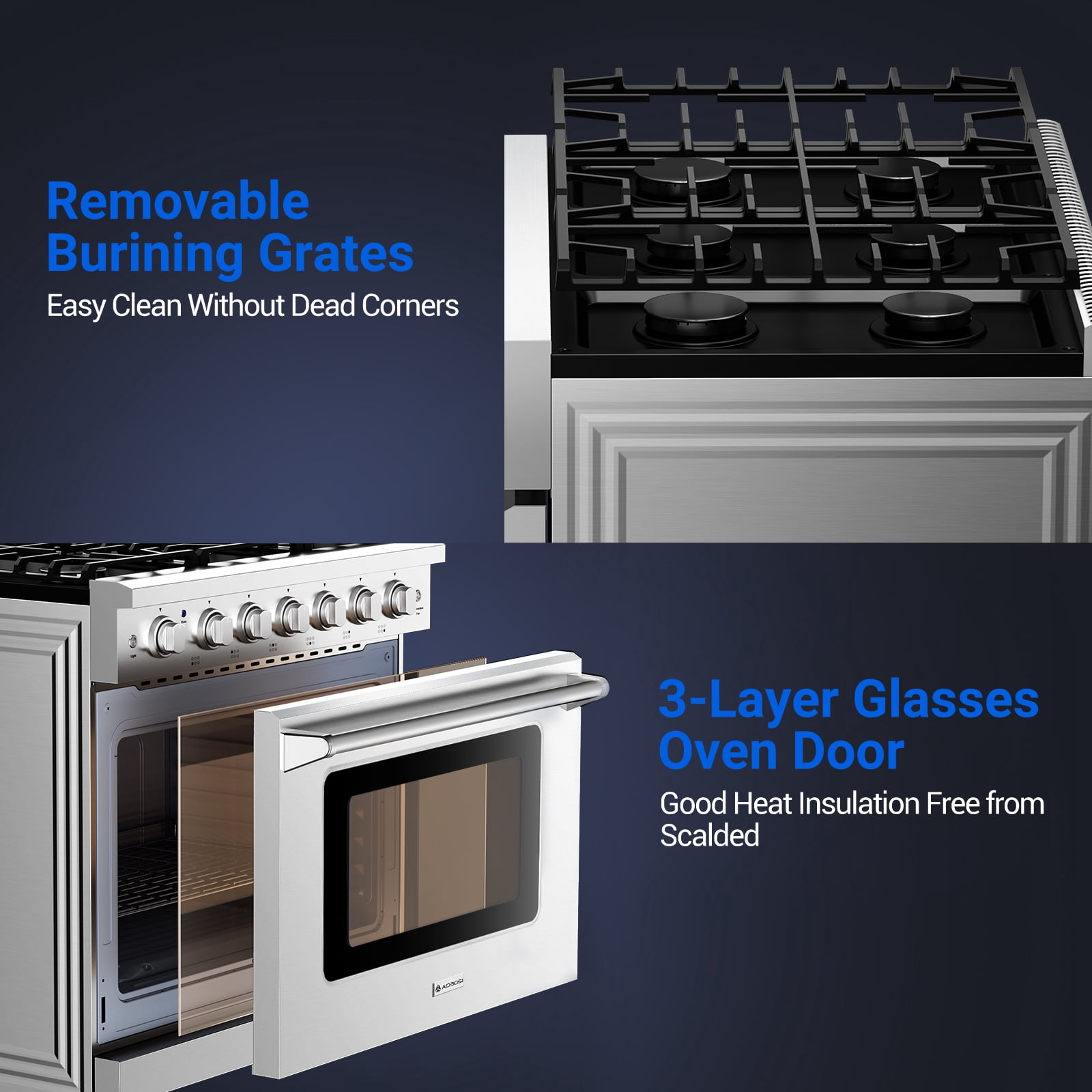 AAOBOSI 36 Inch Front Control Gas Range Oven with 6 Cooktop Burners, 6 Cu. Ft Convection Oven with Knobs Control, Heavy Duty Cast Iron Grates in Stainless Steel