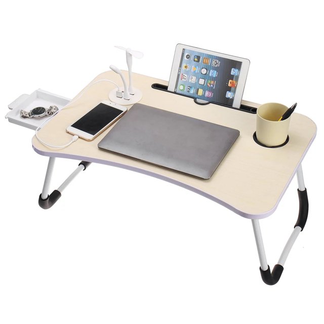 Foldable Lap Desk For Bed Bed Tray Table With 4 USB Ports Holder Slots Cup Holder And Drawer Laptop Desk Table With Mini Lamp Fan Portable Notebook Table Stand For Laptop