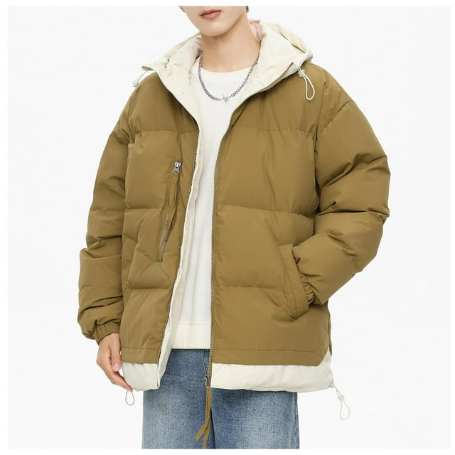 Styesk Jackets for Men Zipper Up Warm Jackets Casual Comfy Wind Breaker Jackets Color Block Hooded Puffer Jacket Outdoor Plus Size Work Coats with Pockets