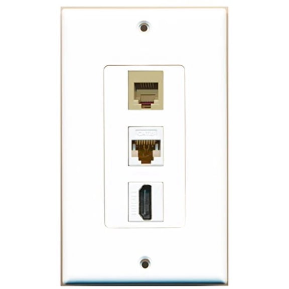 RiteAV - 1 Port HDMI and 1 Port Phone RJ11 RJ12 Beige and 1 Port Cat6 Ethernet White Decorative Wall Plate Decorative