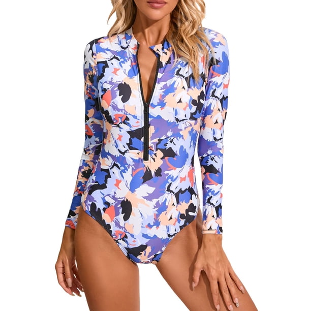 Gibobby Bañador de una pieza Traje de baño conservador con cremallera estampada de manga larga para mujer Traje de baño para surfear para mujer(Azul,G)