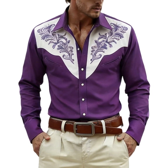 Embroidered Western Cowboy Shirts for Men Button Long Sleeve Shirt with Vintage Ethnic Design