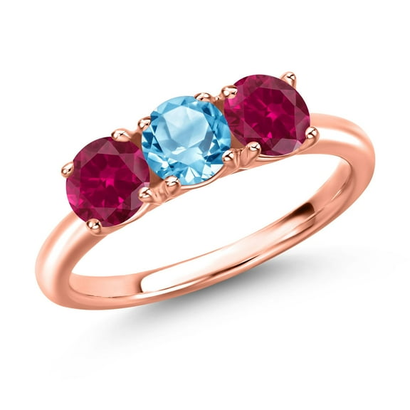 Gem Stone King 18K Rose Gold Plated Silver Swiss Blue Topaz and Red Created Ruby Engagement Ring for Women | 1.85 Cttw | Round 5MM | Gemstone November Birthstone | Size 9