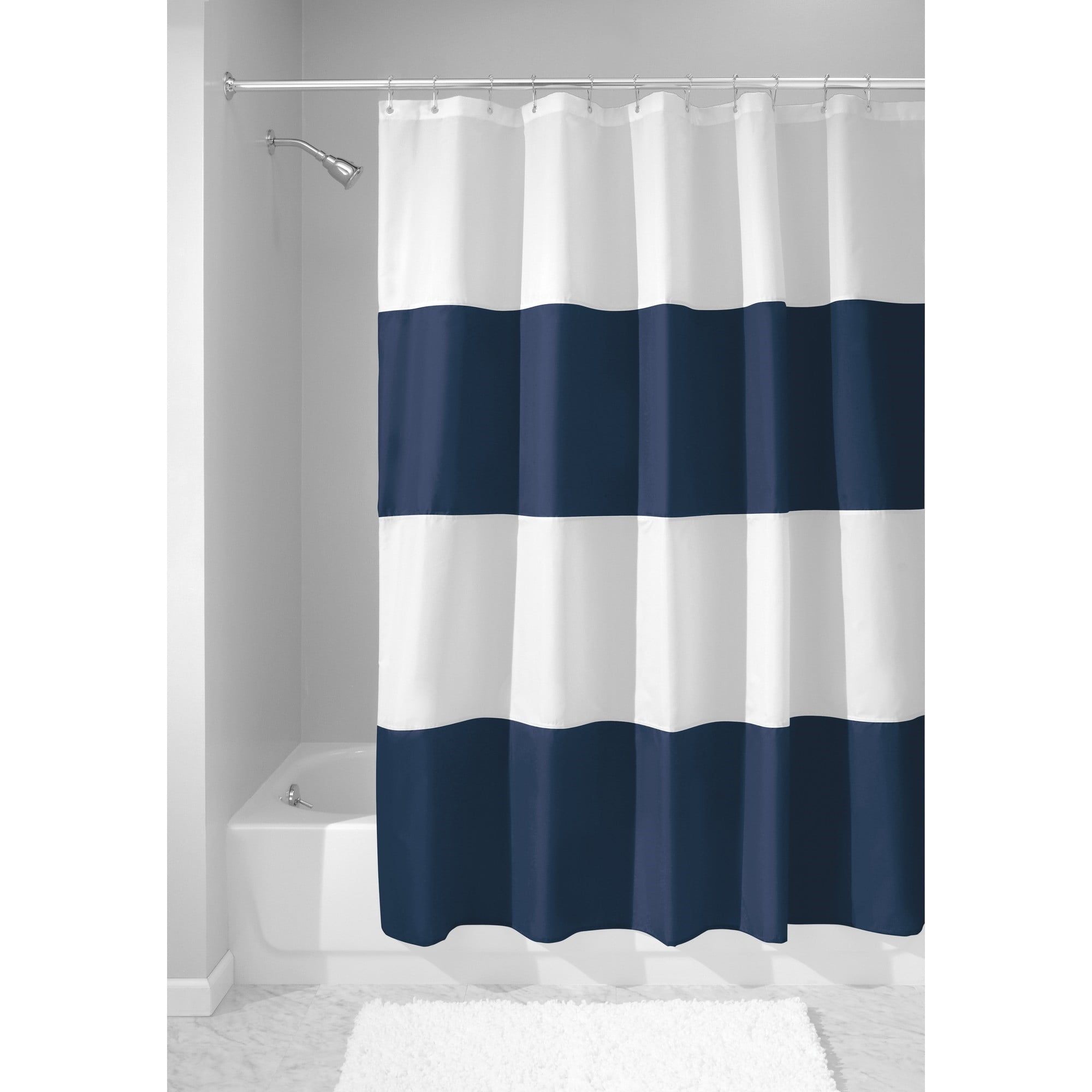 InterDesign Zeno Fabric Shower Curtain, Standard 72' x 72', Navy/White